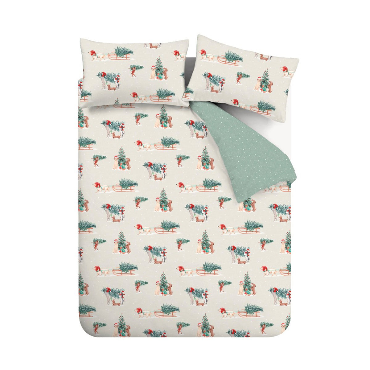 Catherine Lansfield Brushed Christmas Dogs Duvet Cover Bedding Set Green