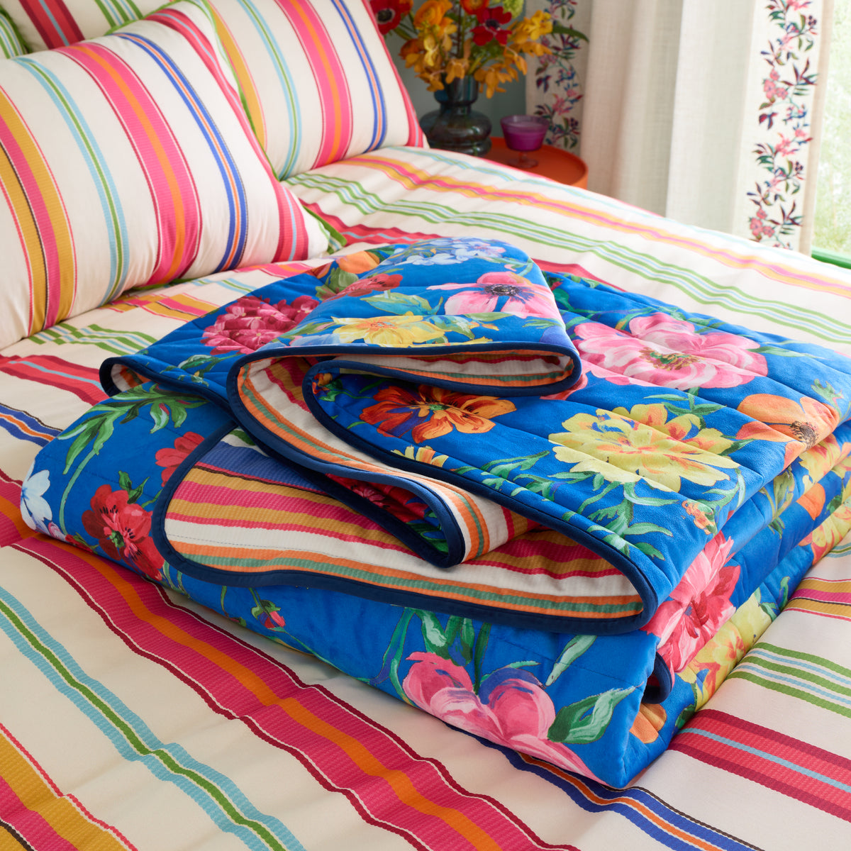 Sophie Robinson Darling Floral Stripe 240cm x 260cm Bedspread Bright