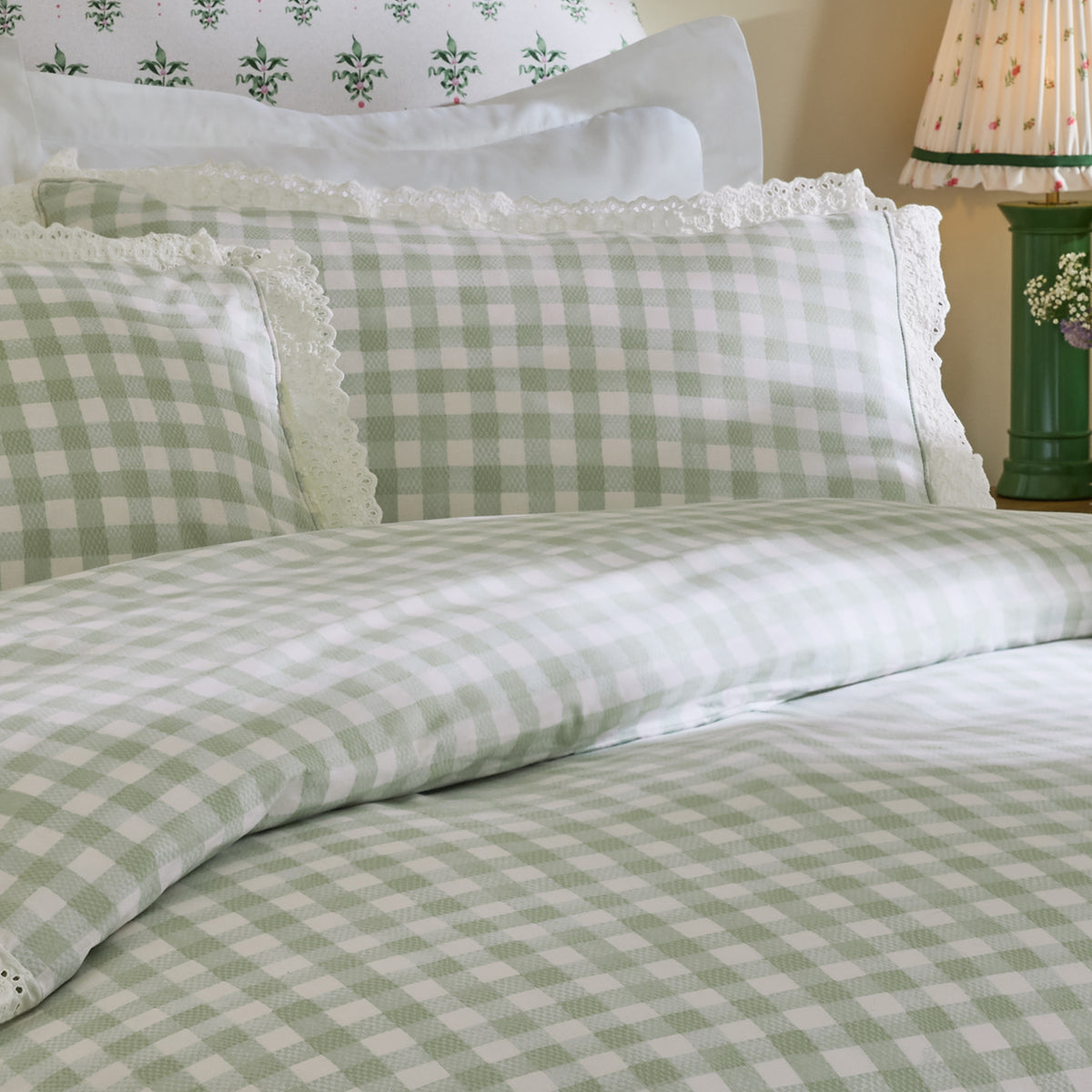 Cath Kidston Painted Gingham Lace Duvet Cover Bedding Set Green