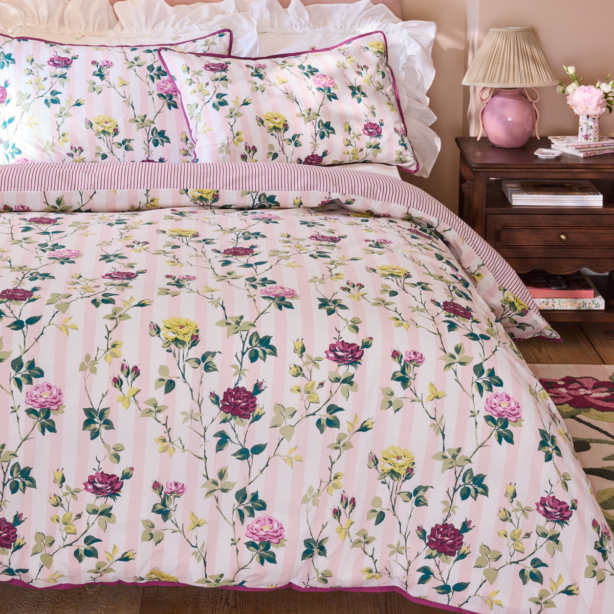 Cath Kidston Climbing Rose Stripe Duvet Cover Bedding Set Pink