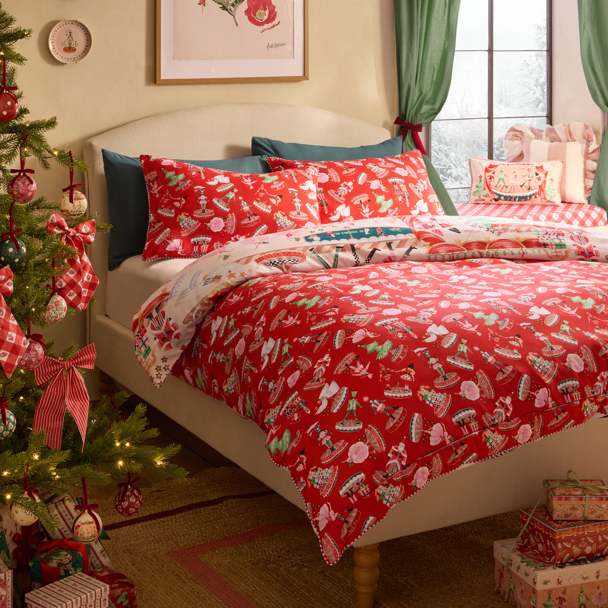 Cath Kidston Christmas Nutcracker Scene Duvet Cover Bedding Set Red Natural