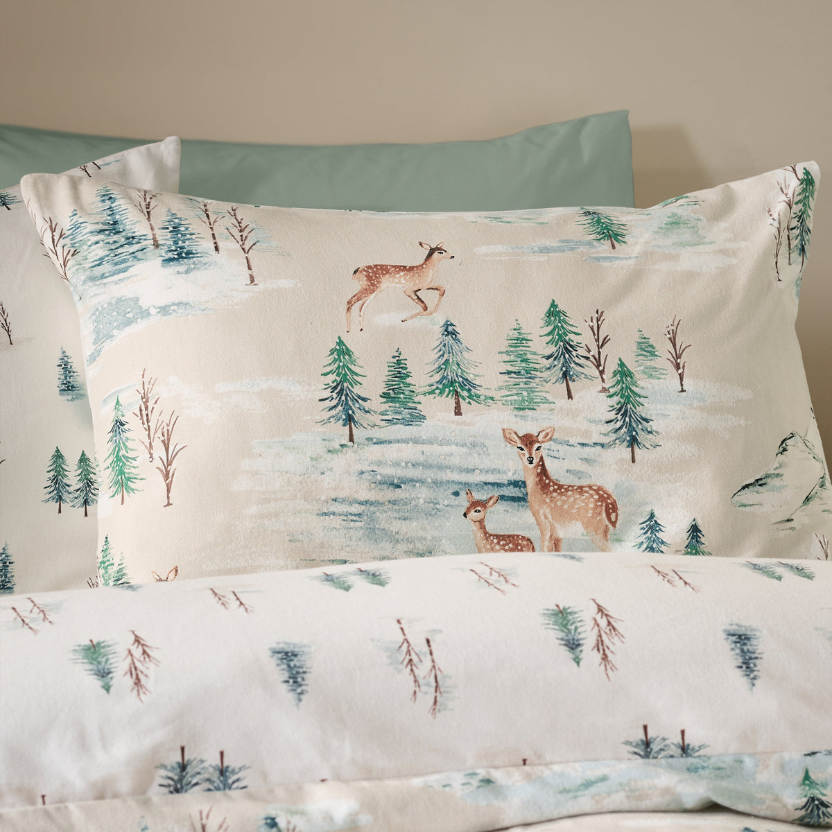 Catherine Lansfield Brushed Christmas Deer Duvet Cover Bedding Set Natural