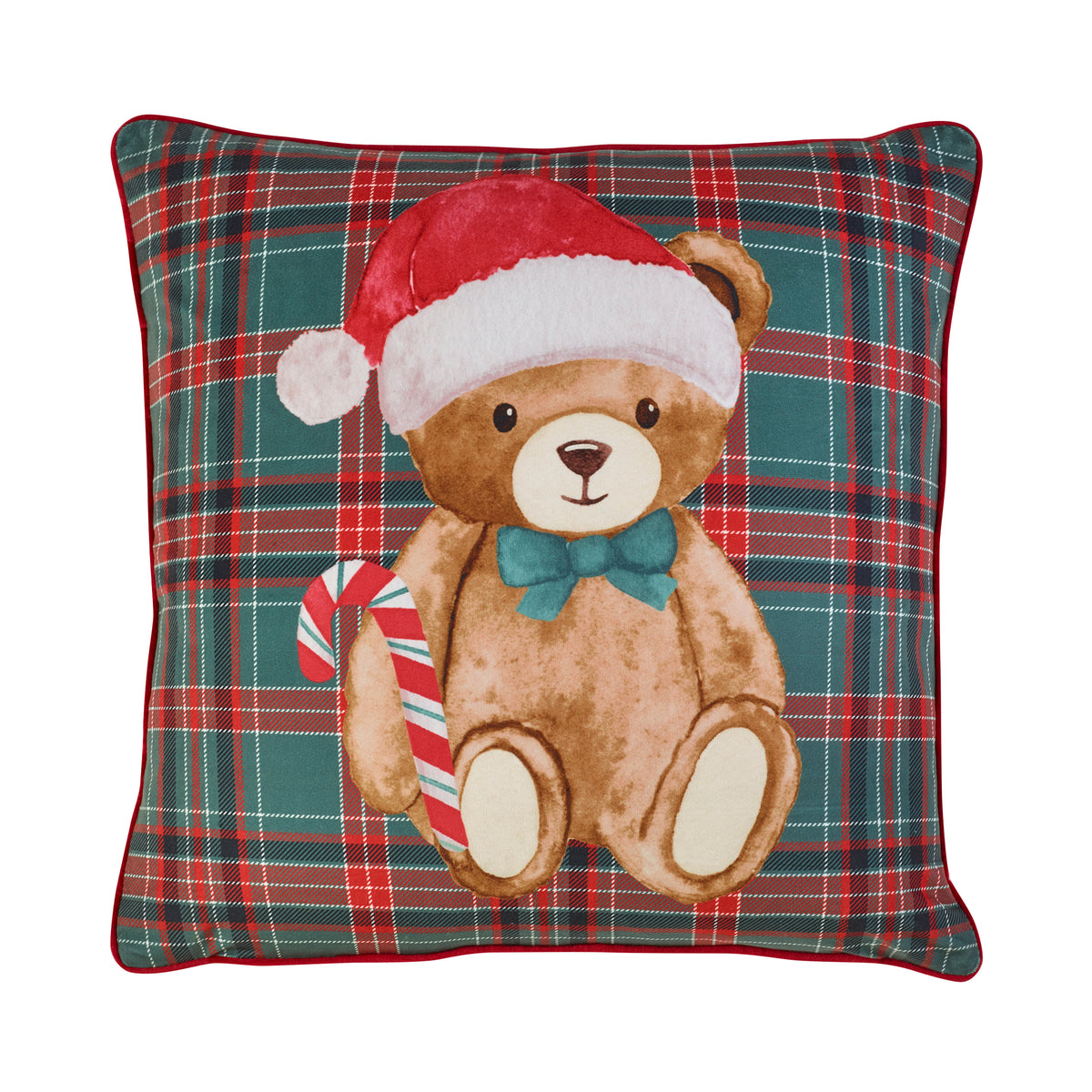 Catherine Lansfield Christmas Tartan Teddy Bear 45cm x 45cm Filled Cushion Green