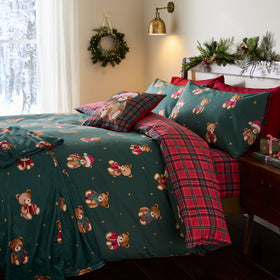 Catherine Lansfield Christmas Tartan Teddy Bear Duvet Cover Bedding Set Green