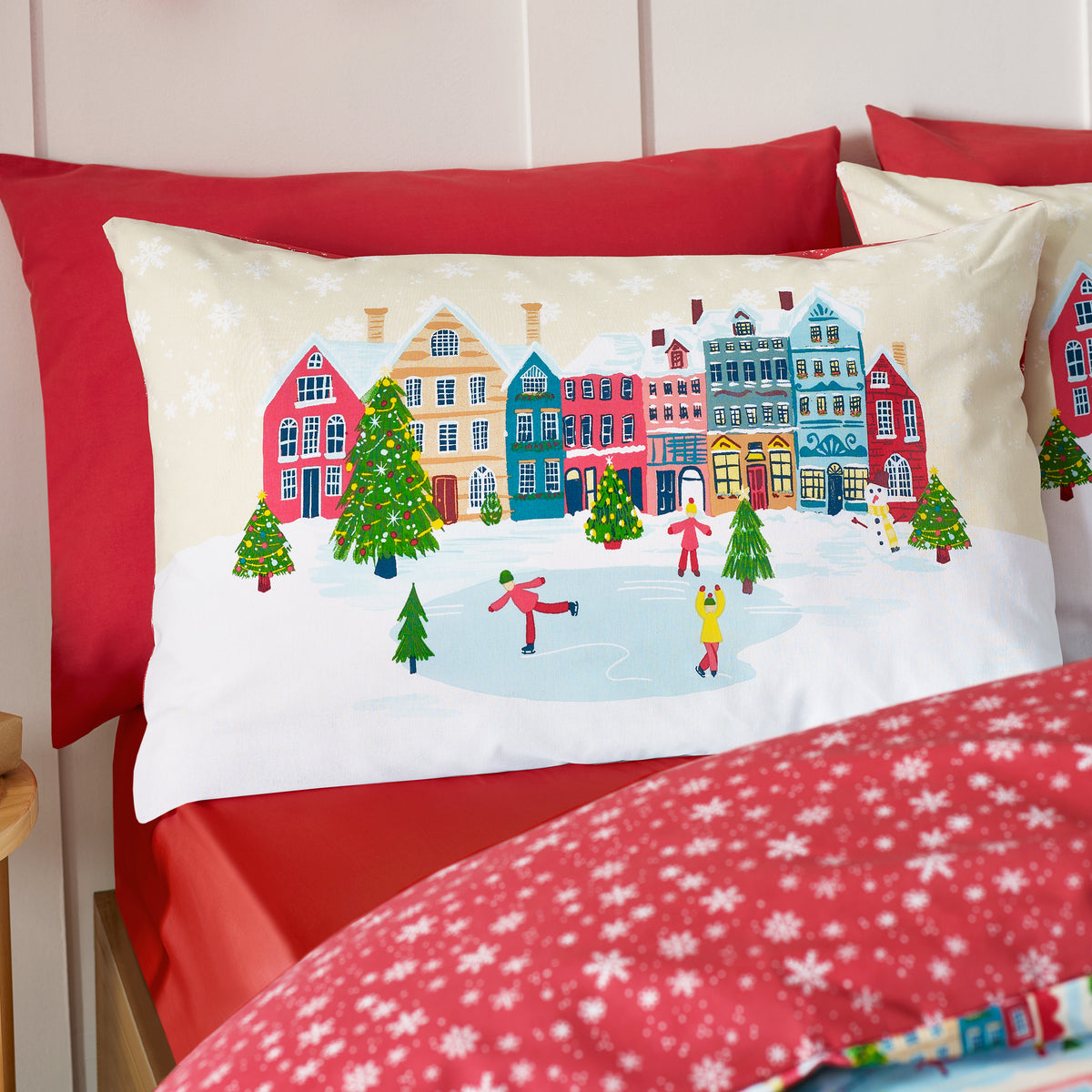 Catherine Lansfield Christmas Town Stamps Duvet Cover Bedding Set Natural
