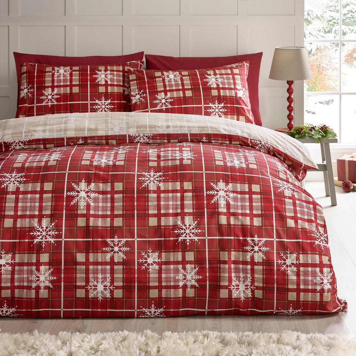 Catherine Lansfield Christmas Scandi Check Duvet Cover Bedding Set Red
