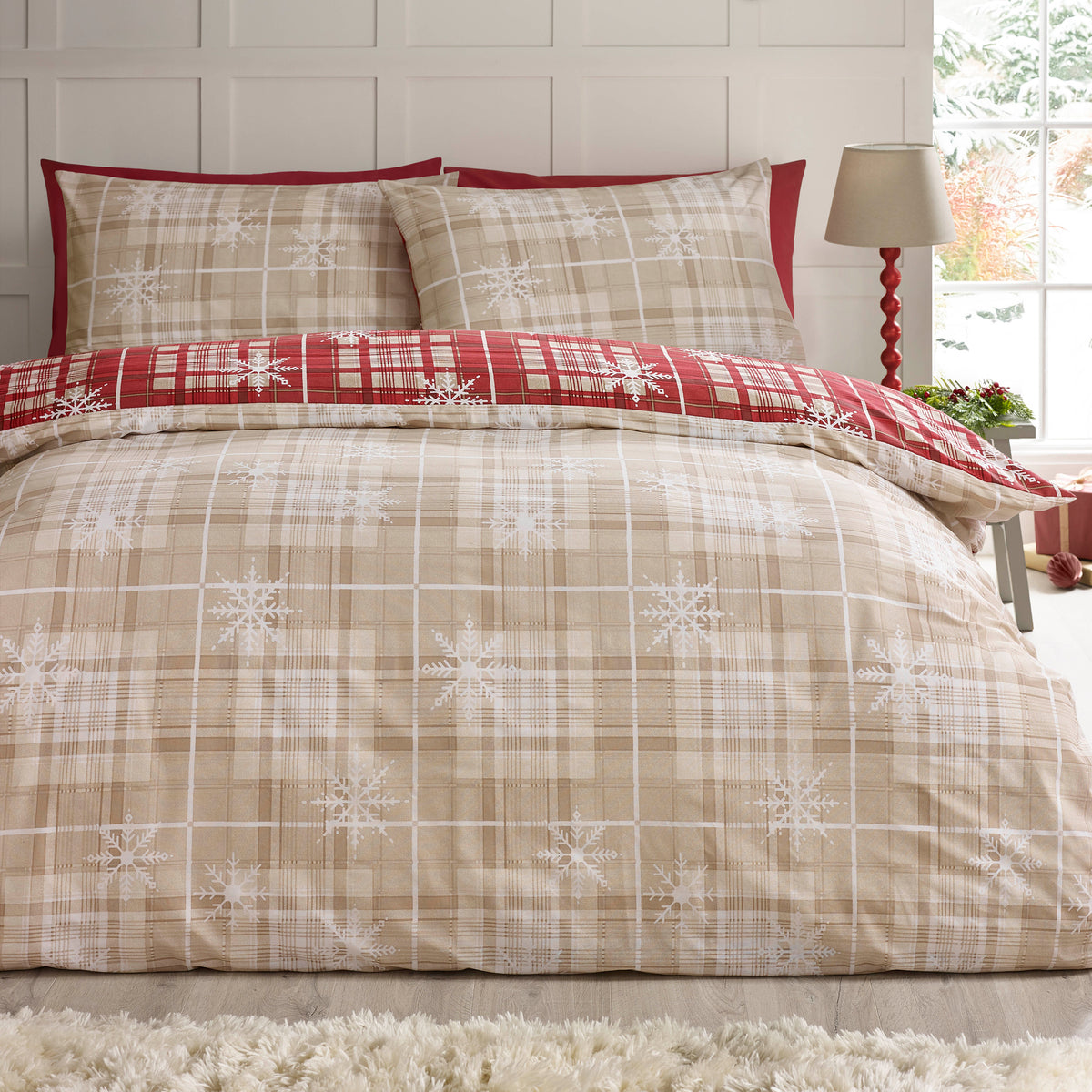 Catherine Lansfield Christmas Scandi Check Duvet Cover Bedding Set Red