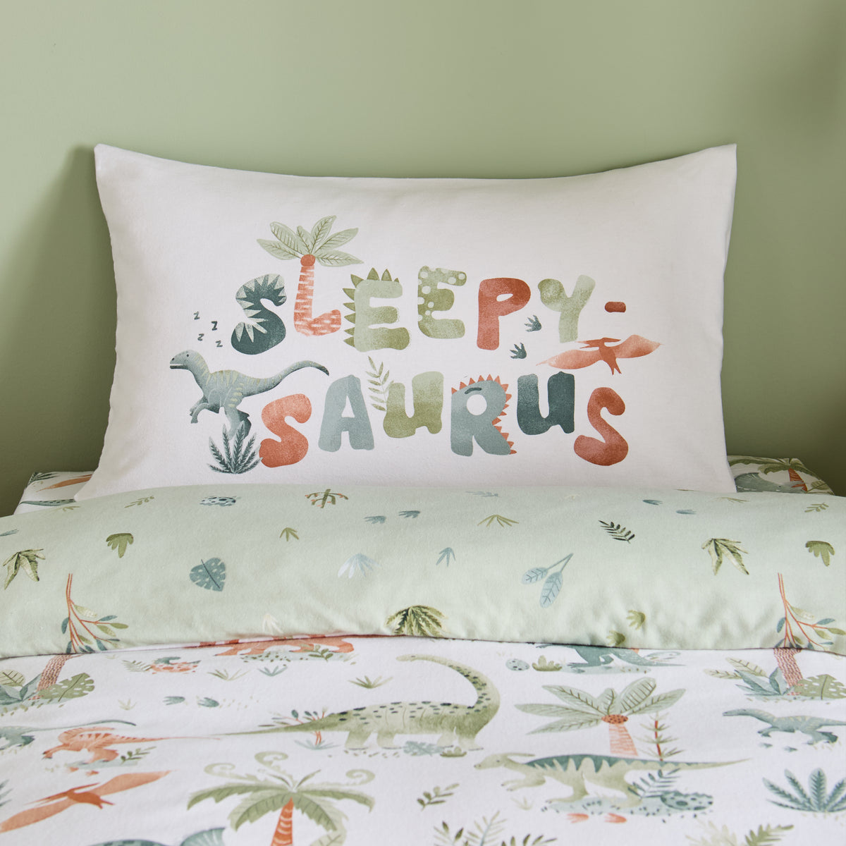 Catherine Lansfield Brushed Sleepy Saurus Dino Bed Linen Fitted Sheet Cream