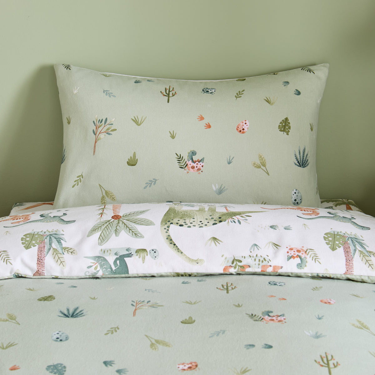 Catherine Lansfield Brushed Sleepy Saurus Dino Bed Linen Fitted Sheet Cream