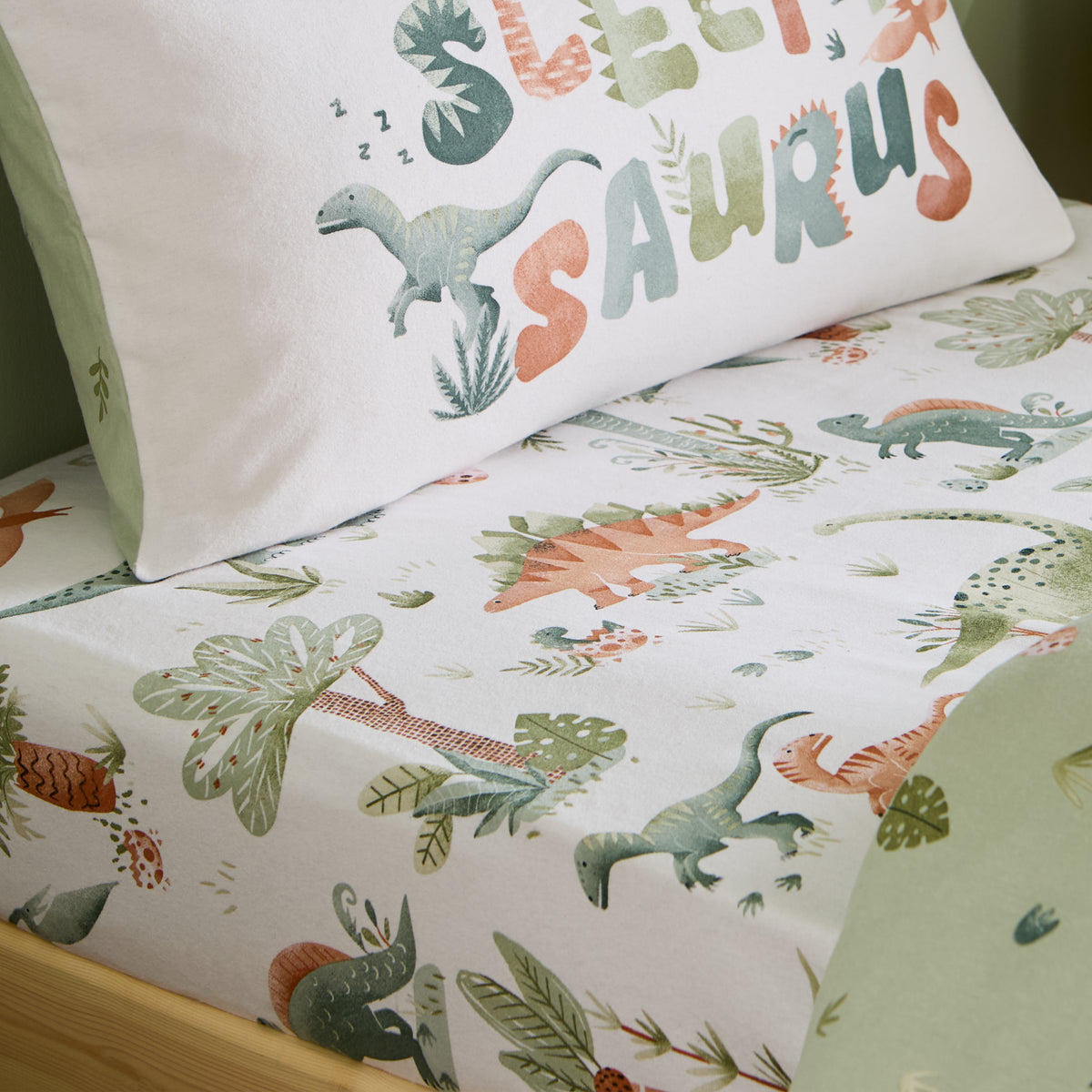 Catherine Lansfield Brushed Sleepy Saurus Dino Childrens Bedding Cream