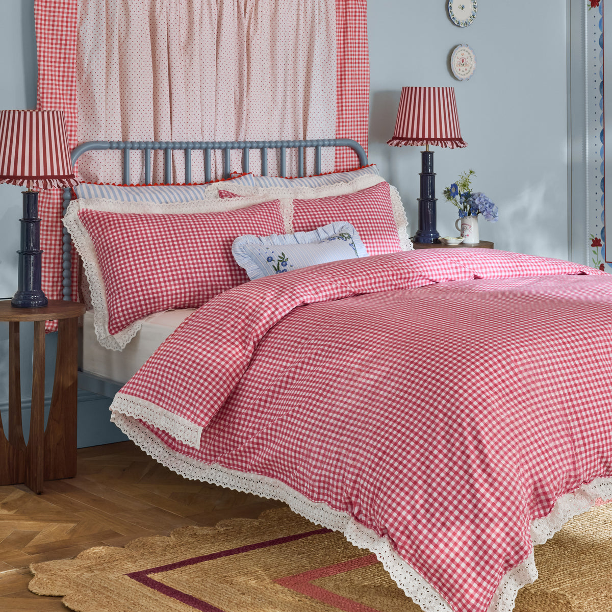 Cath Kidston Painted Gingham Lace Duvet Cover Bedding Set Red