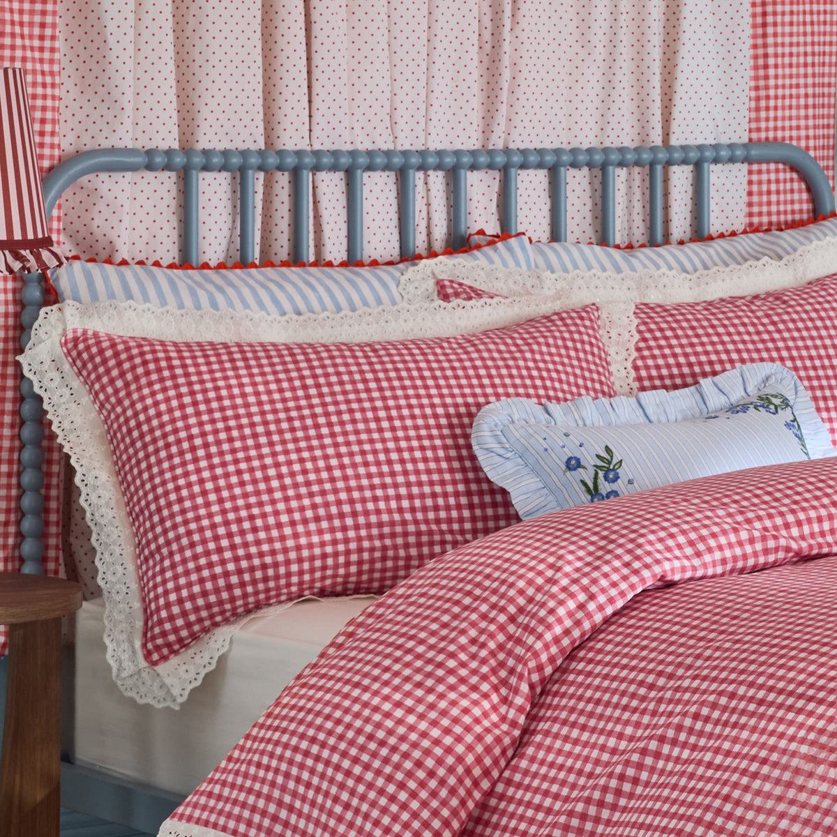 Cath Kidston Painted Gingham Lace Duvet Cover Bedding Set Red