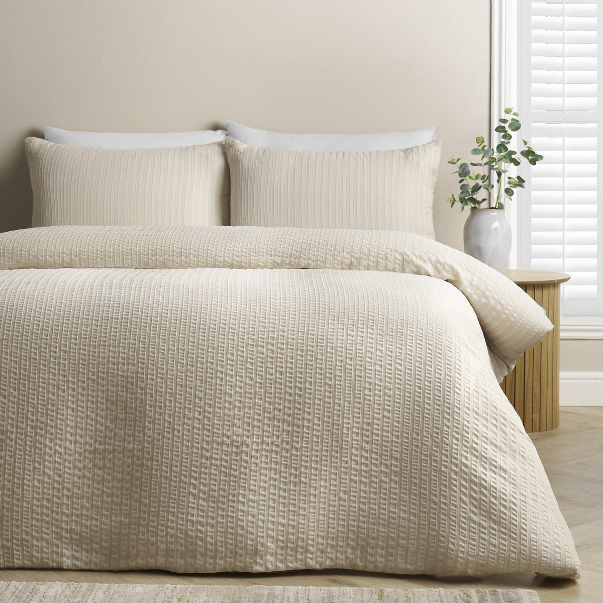 Catherine Lansfield Stripe Seersucker Duvet Cover Bedding Set Natural