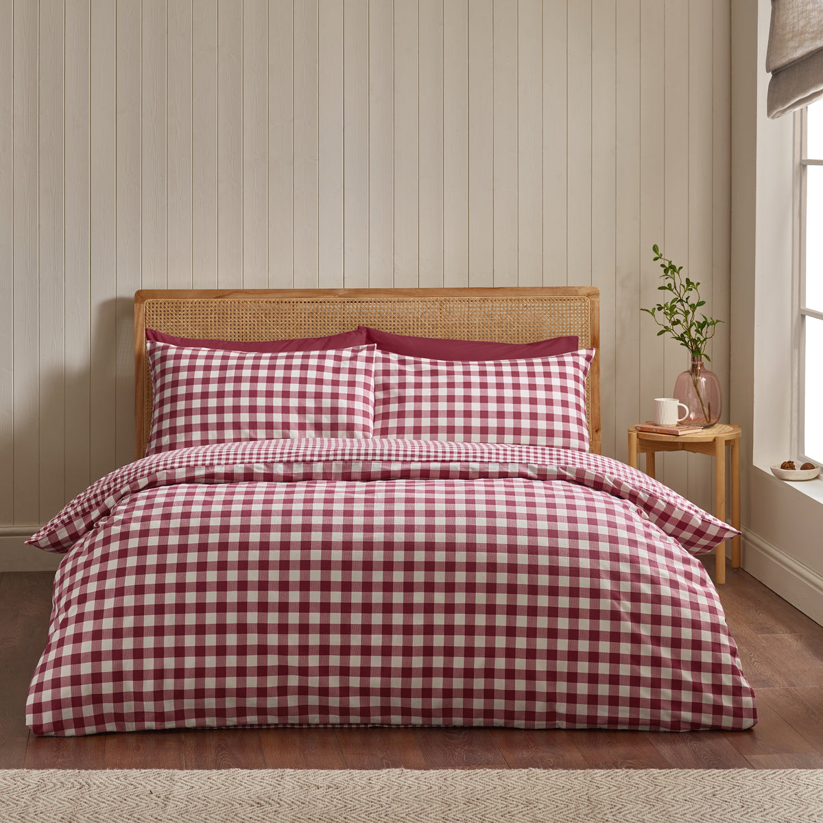 Catherine Lansfield Brushed Gingham Duvet Cover Bedding Set Burgundy