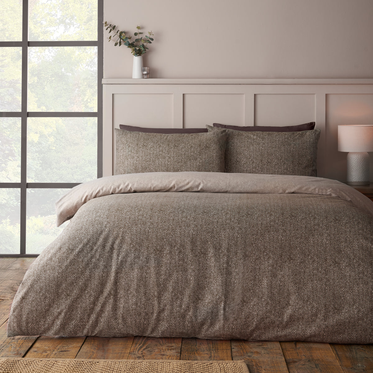 Catherine Lansfield Brushed Herringbone Duvet Cover Bedding Set Chocolate