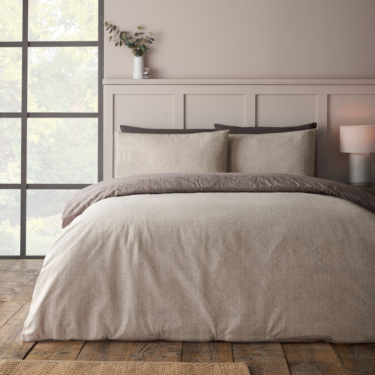 Catherine Lansfield Brushed Herringbone Duvet Cover Bedding Set Chocolate