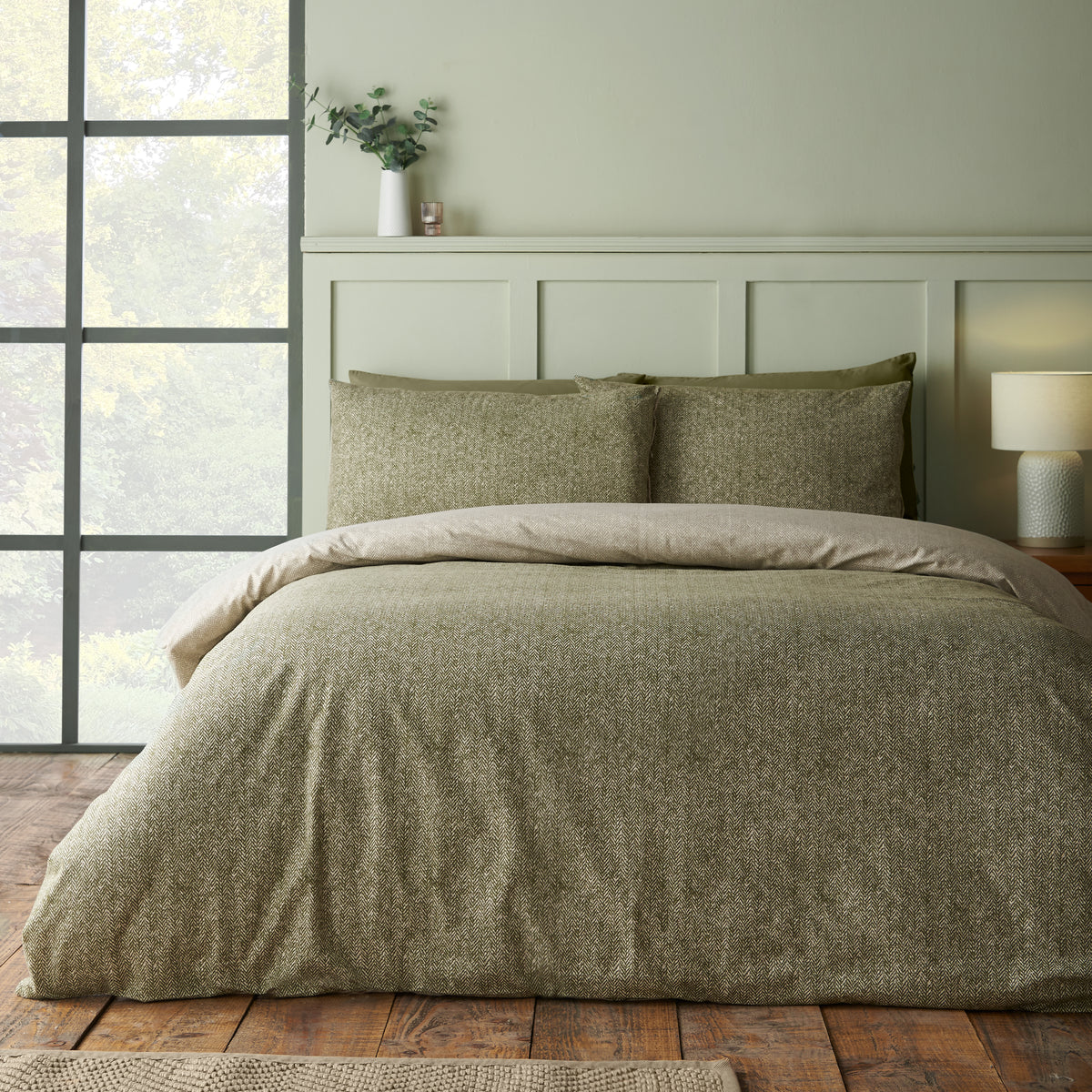 Catherine Lansfield Brushed Herringbone Duvet Cover Bedding Set Green