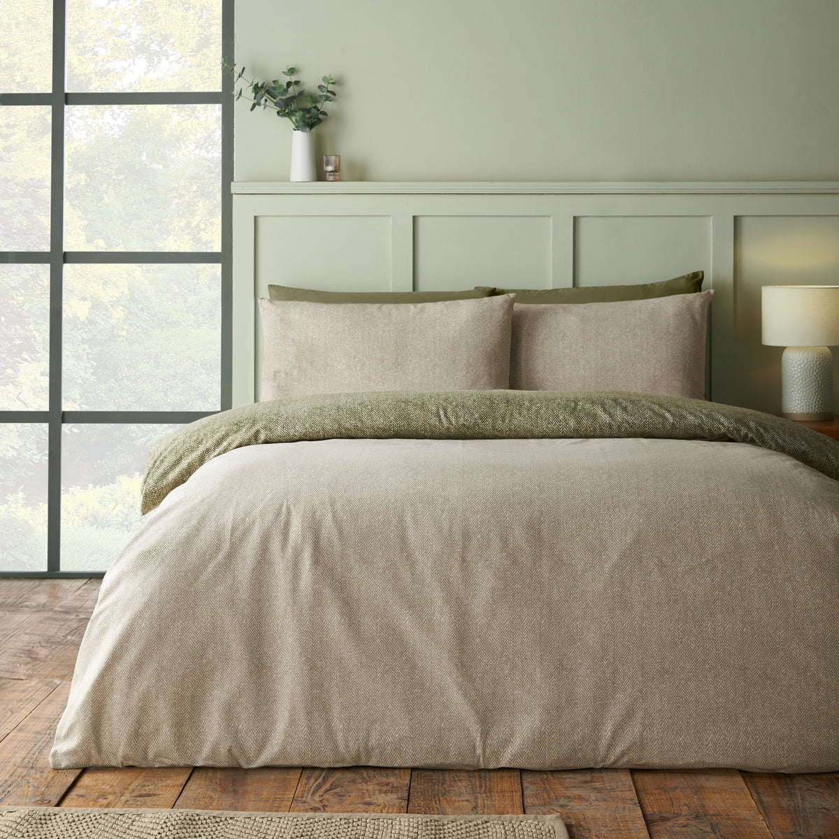 Catherine Lansfield Brushed Herringbone Duvet Cover Bedding Set Green
