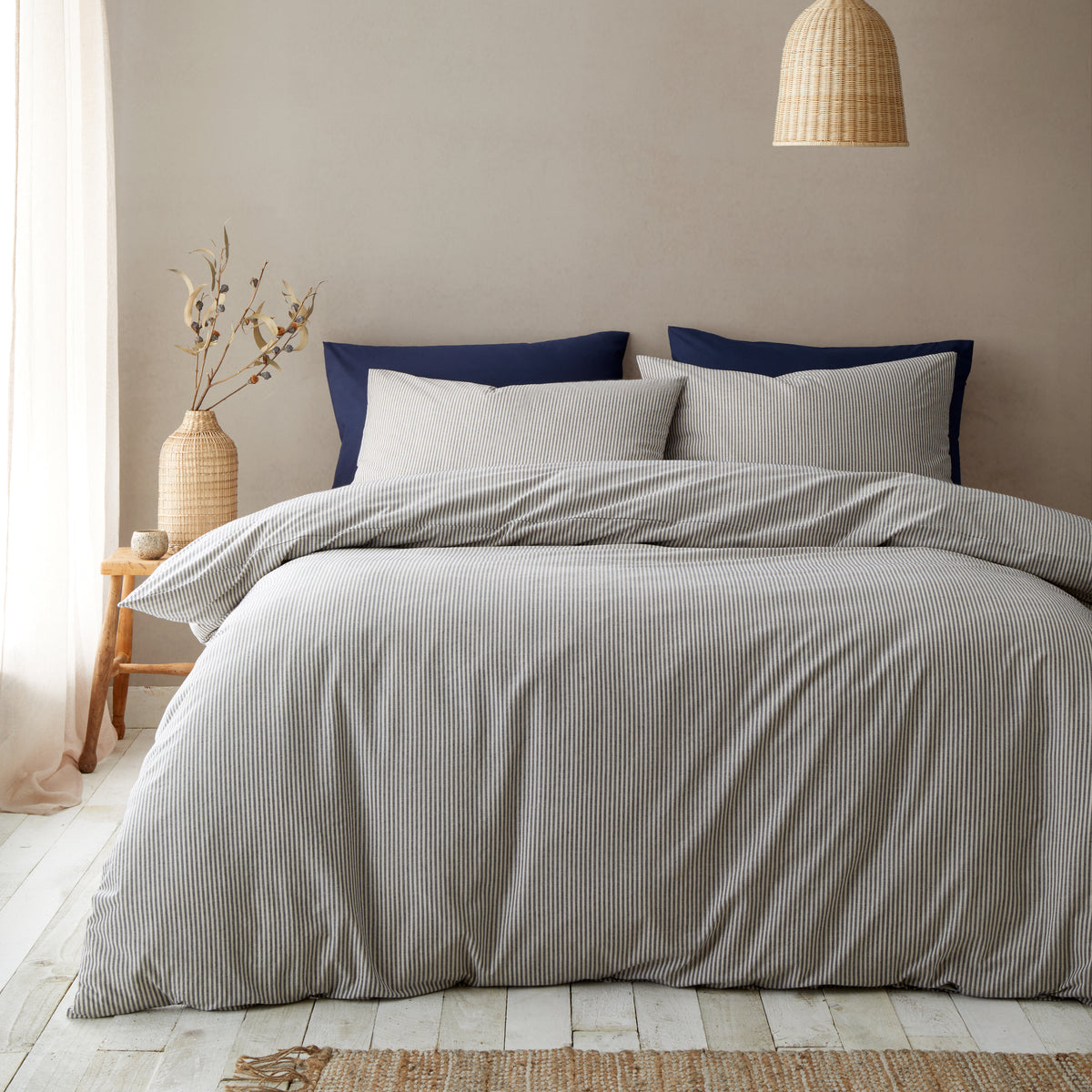 Pineapple Elephant Cotton Rich Narrow Woven Stripe Duvet Cover Bedding Set Blue