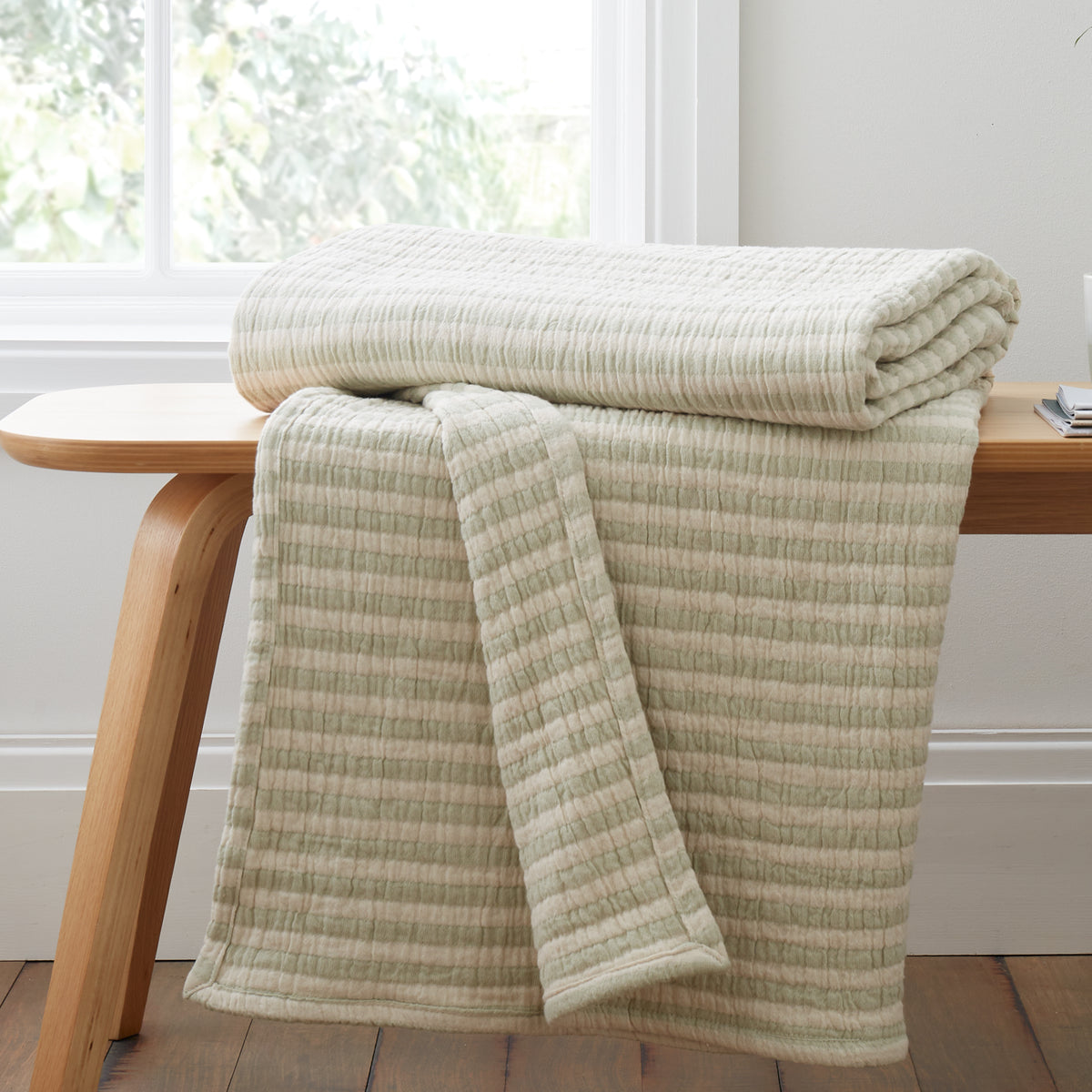 Bianca Cotton Muslin Stripe Throw Green