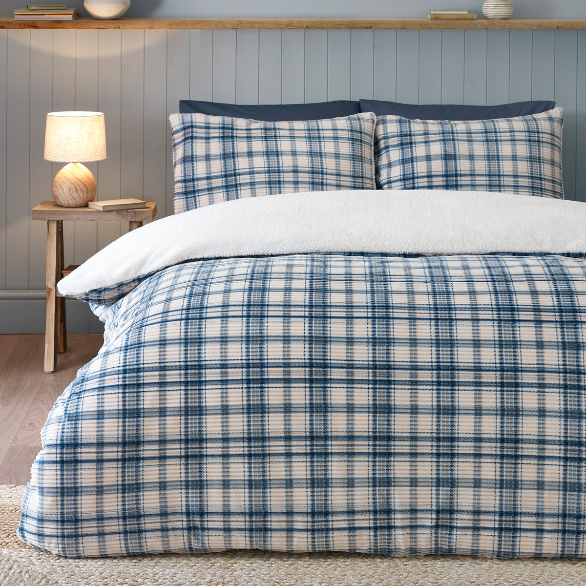 Catherine Lansfield Cosy Ribbed Check Duvet Cover Bedding Set Blue