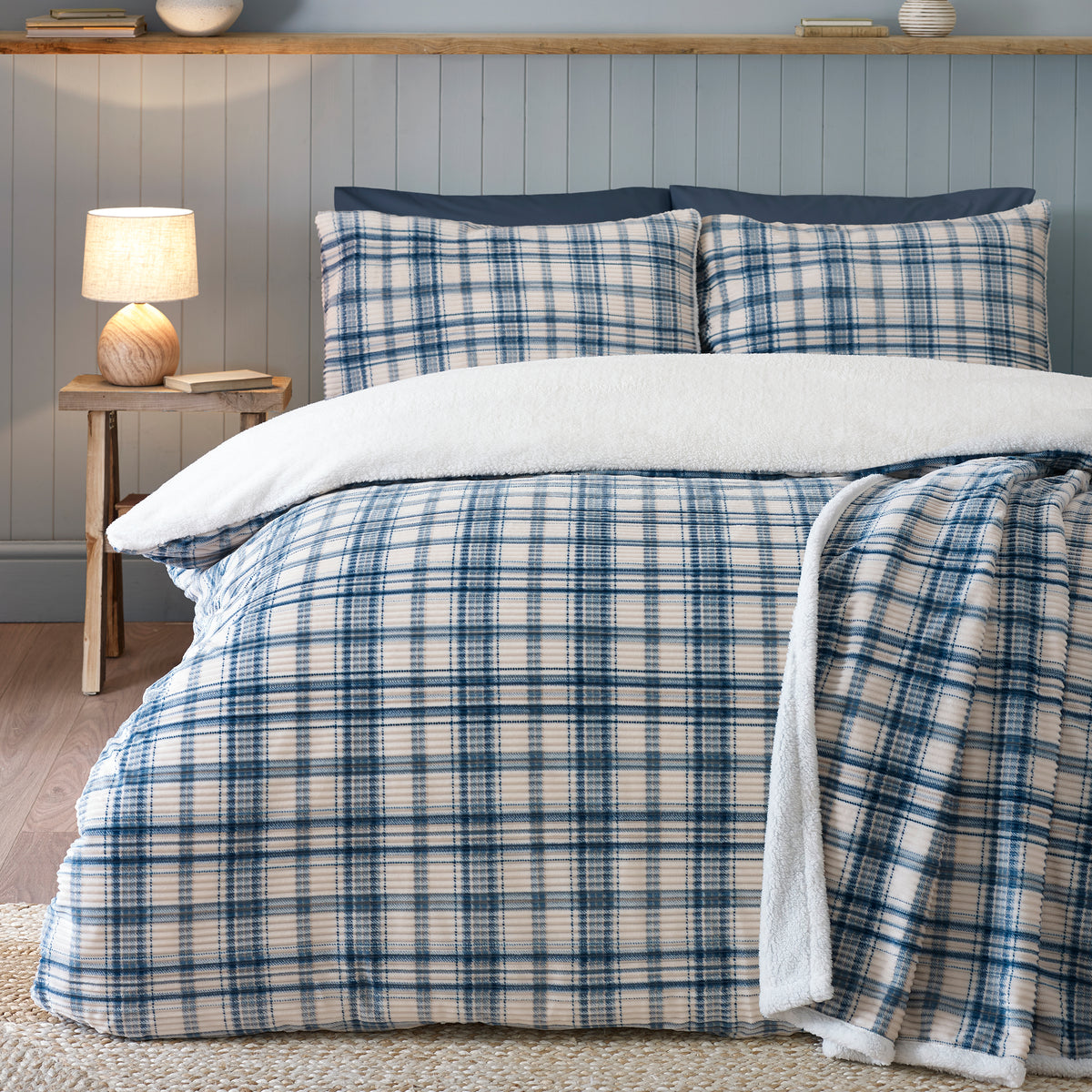 Catherine Lansfield Cosy Ribbed Check Duvet Cover Bedding Set Blue