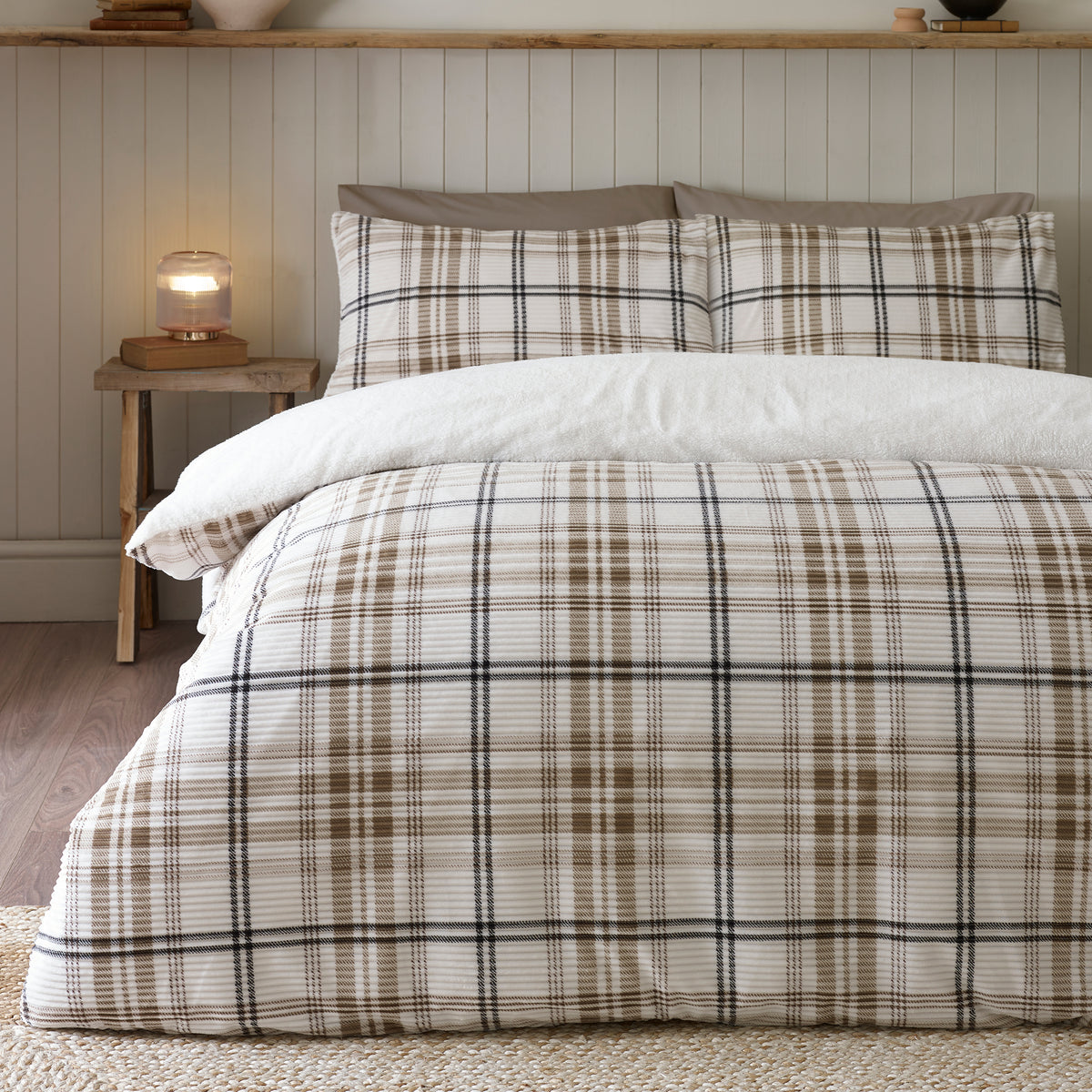 Catherine Lansfield Cosy Ribbed Check Duvet Cover Bedding Set Natural