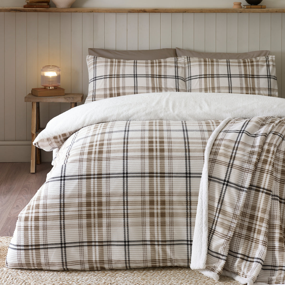Catherine Lansfield Cosy Ribbed Check Duvet Cover Bedding Set Natural