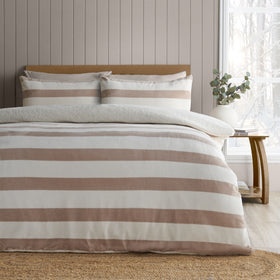 Catherine Lansfield Cosy Sherpa Stripe Duvet Cover Bedding Set Natural