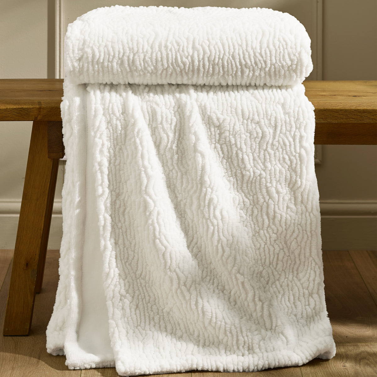 Catherine Lansfield Textured Wave Faux Fur Throw Cream