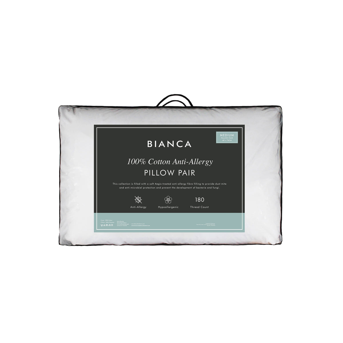 Bianca 100% Cotton 180 TC Anti-Allergy Pair of Pillows White