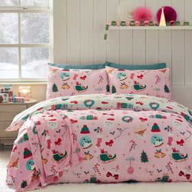 Catherine Lansfield Christmas Happy Holidays Childrens Bedding Pink