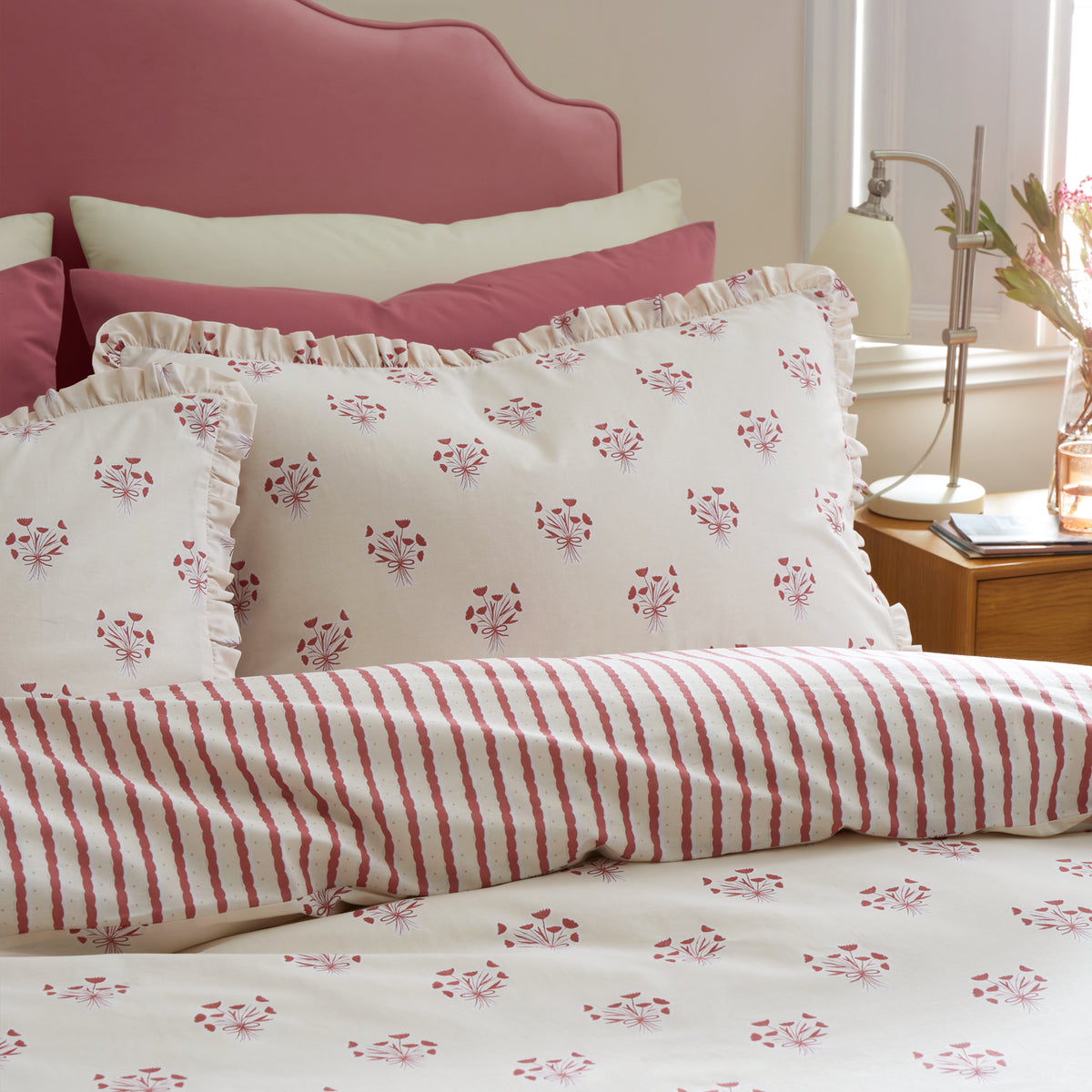 Emily Bond Hand Gathered Posy Duvet Cover Bedding Set Cream Red