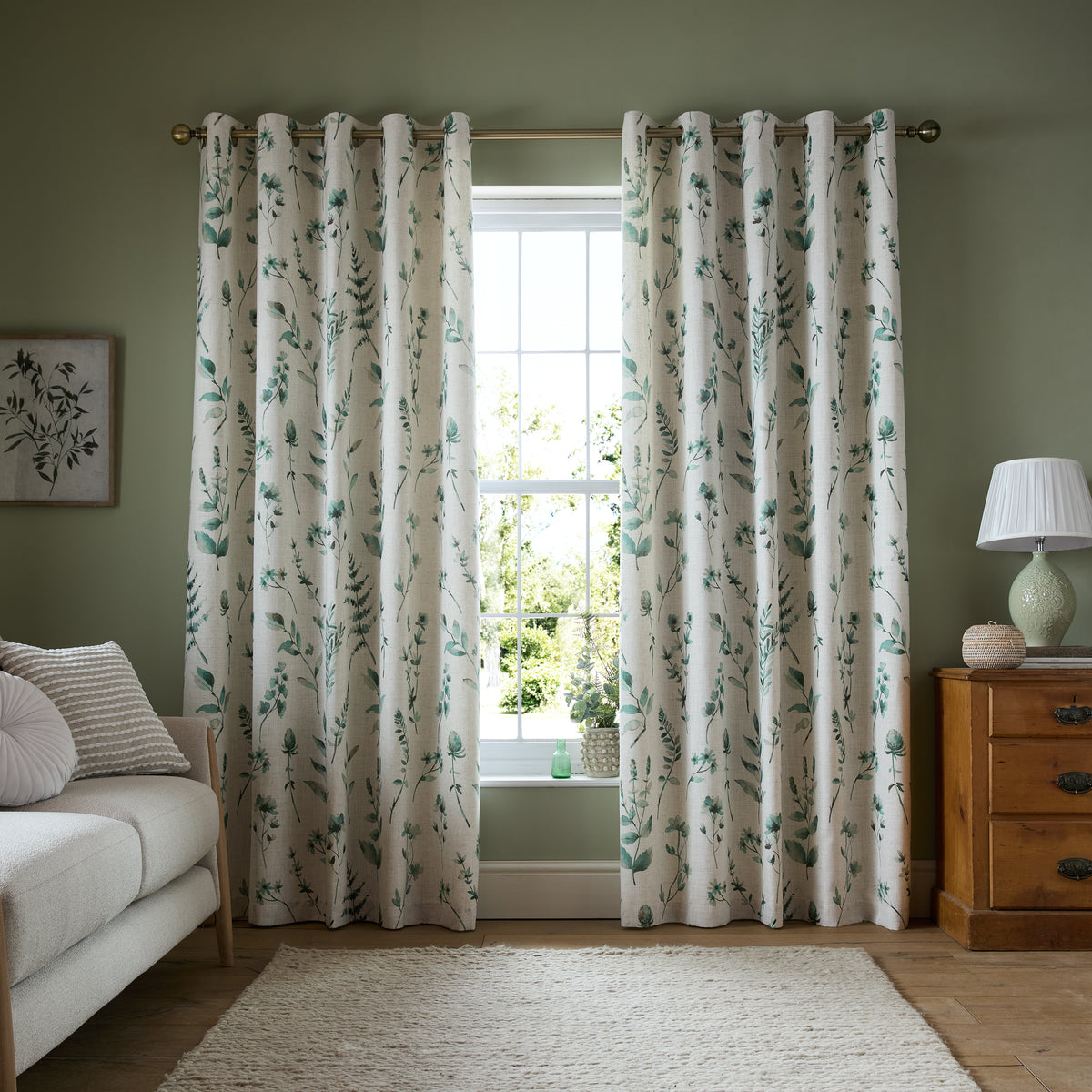 Catherine Lansfield Watercolour Leaves Ready Made Eyelet Curtains Natural Green