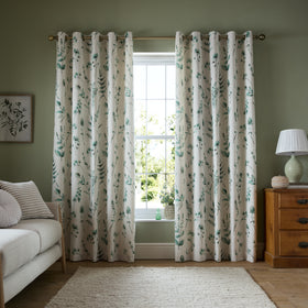 Catherine Lansfield Watercolour Leaves Ready Made Eyelet Curtains Natural Green