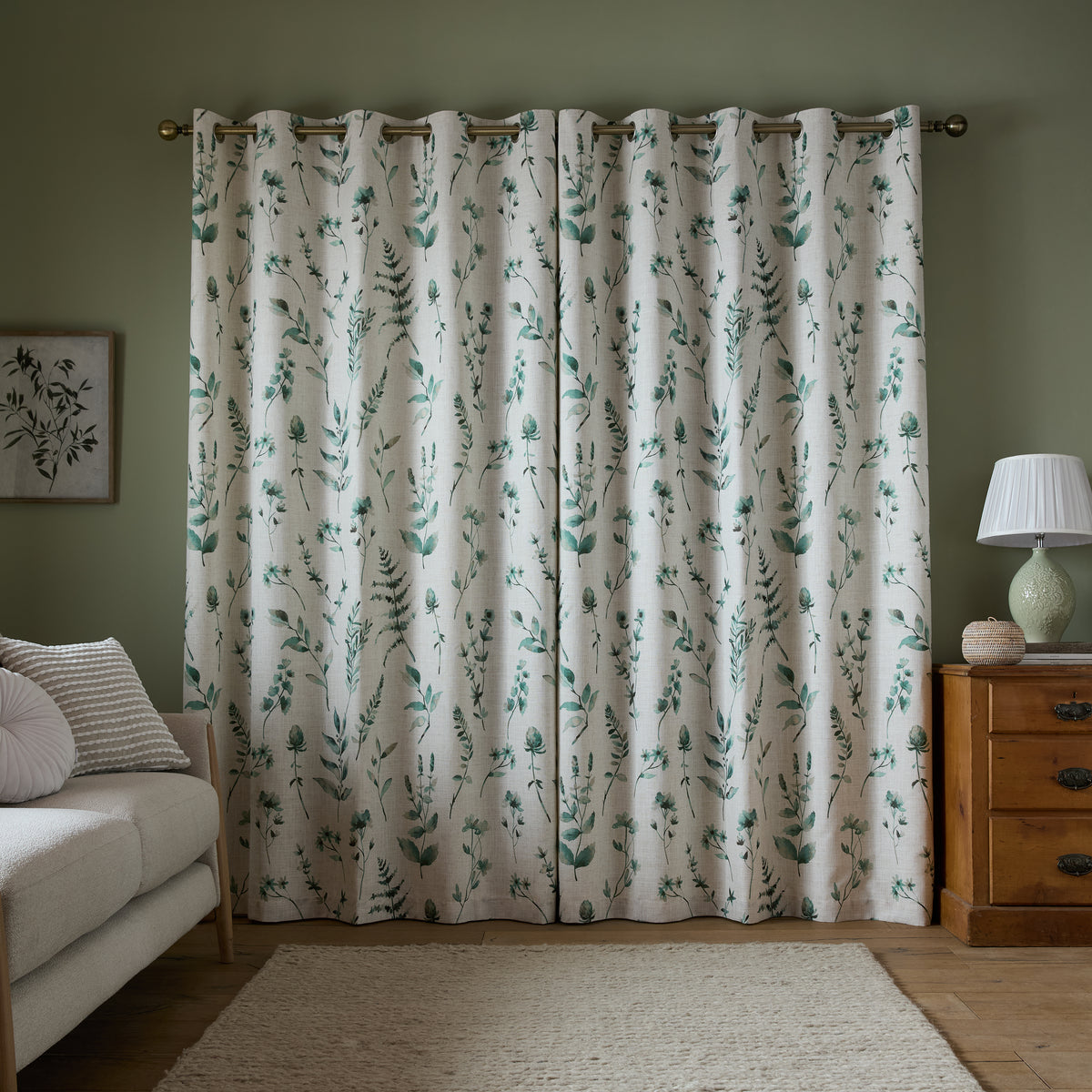 Catherine Lansfield Watercolour Leaves Ready Made Eyelet Curtains Natural Green