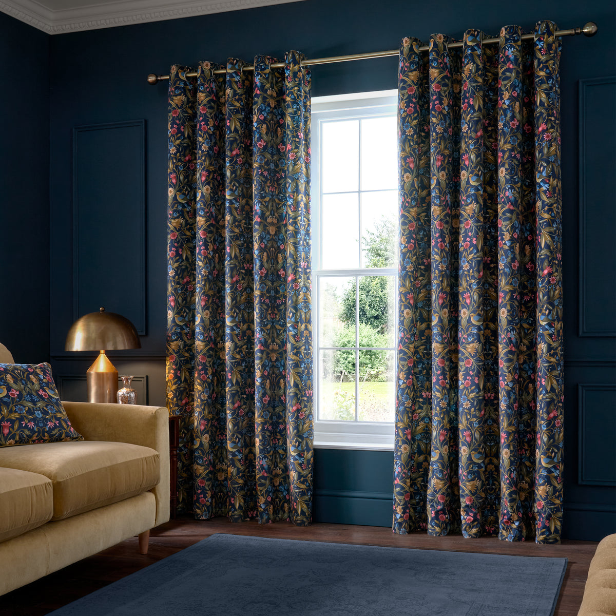Catherine Lansfield Hedgerow Hopper Ready Made Eyelet Curtains Navy
