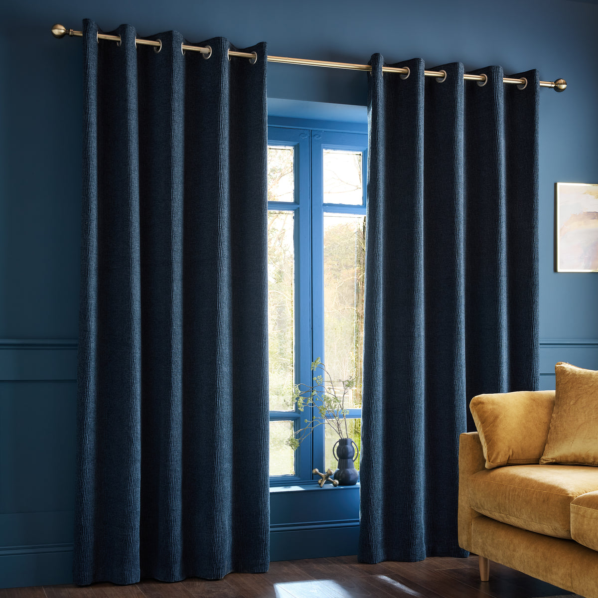 Catherine Lansfield Crinkle Chenille Ready Made Eyelet Curtains Blue