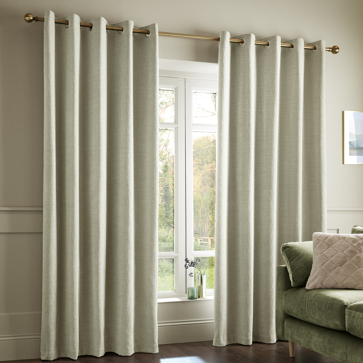 Catherine Lansfield Crinkle Chenille Ready Made Eyelet Curtains Natural