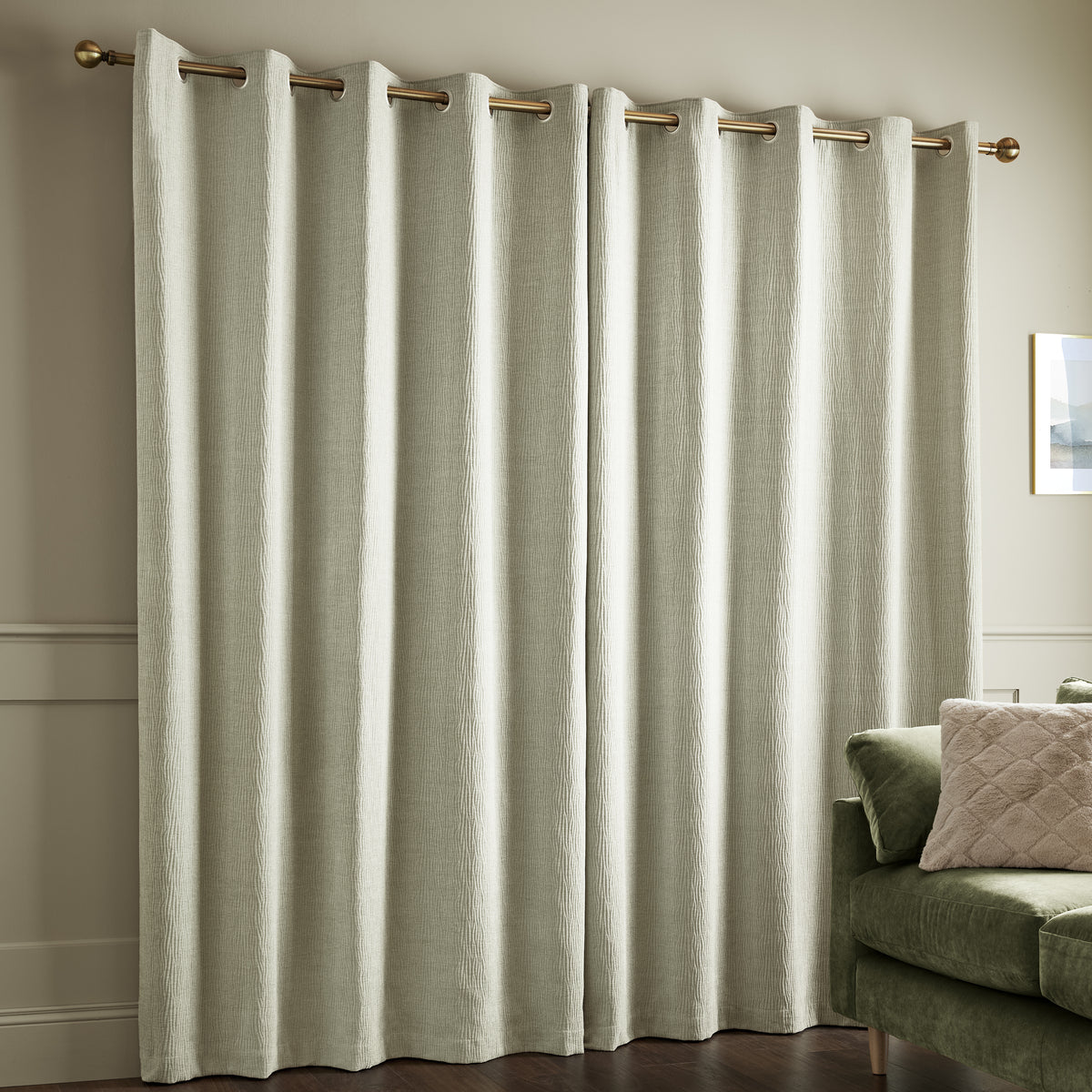 Catherine Lansfield Crinkle Chenille Ready Made Eyelet Curtains Natural