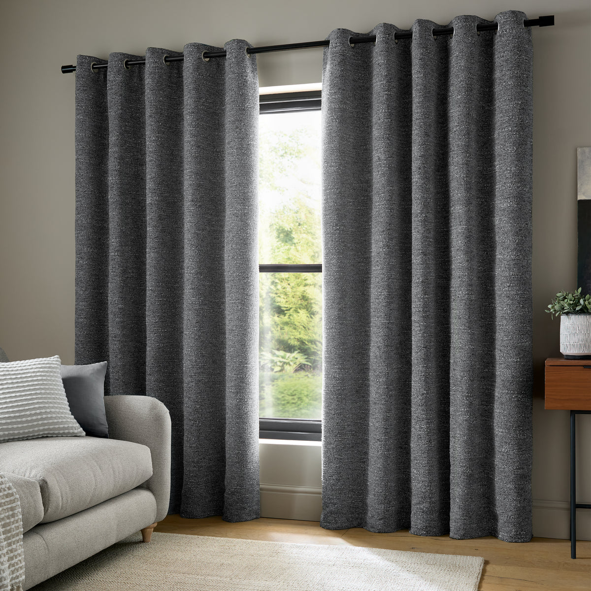 Catherine Lansfield Chunky Boucle Ready Made Eyelet Curtains Charcoal