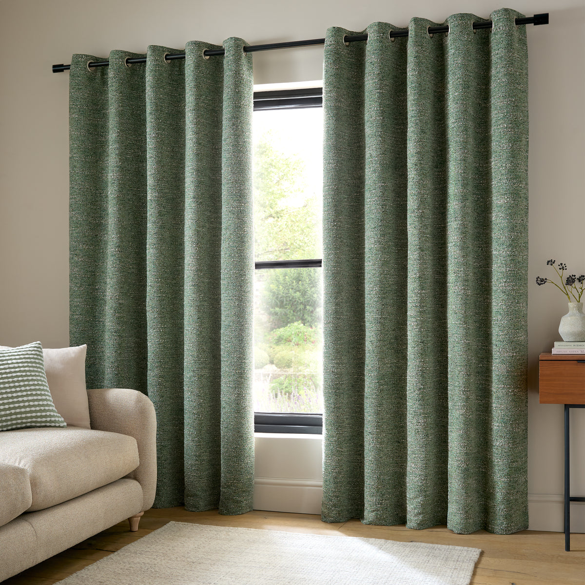 Catherine Lansfield Chunky Boucle Ready Made Eyelet Curtains Green