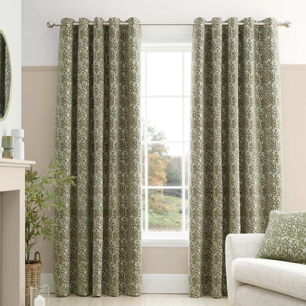 Bianca Chenille Leaves Ready Made Eyelet Curtains Green
