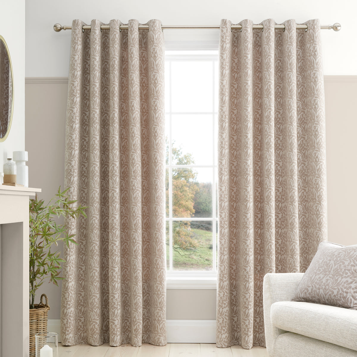 Bianca Chenille Leaves Ready Made Eyelet Curtains Natural