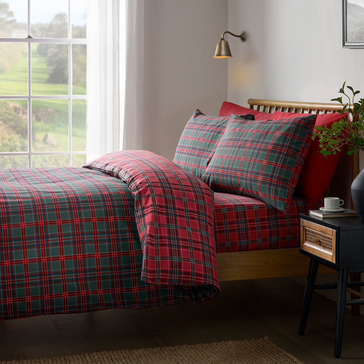 Catherine Lansfield Tartan Check Duvet Cover Bedding Set Red Green