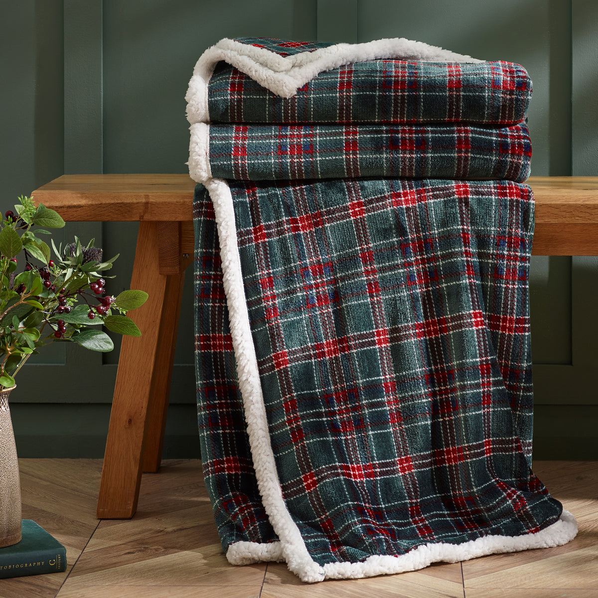Catherine Lansfield Tartan Sherpa Check Throw Green