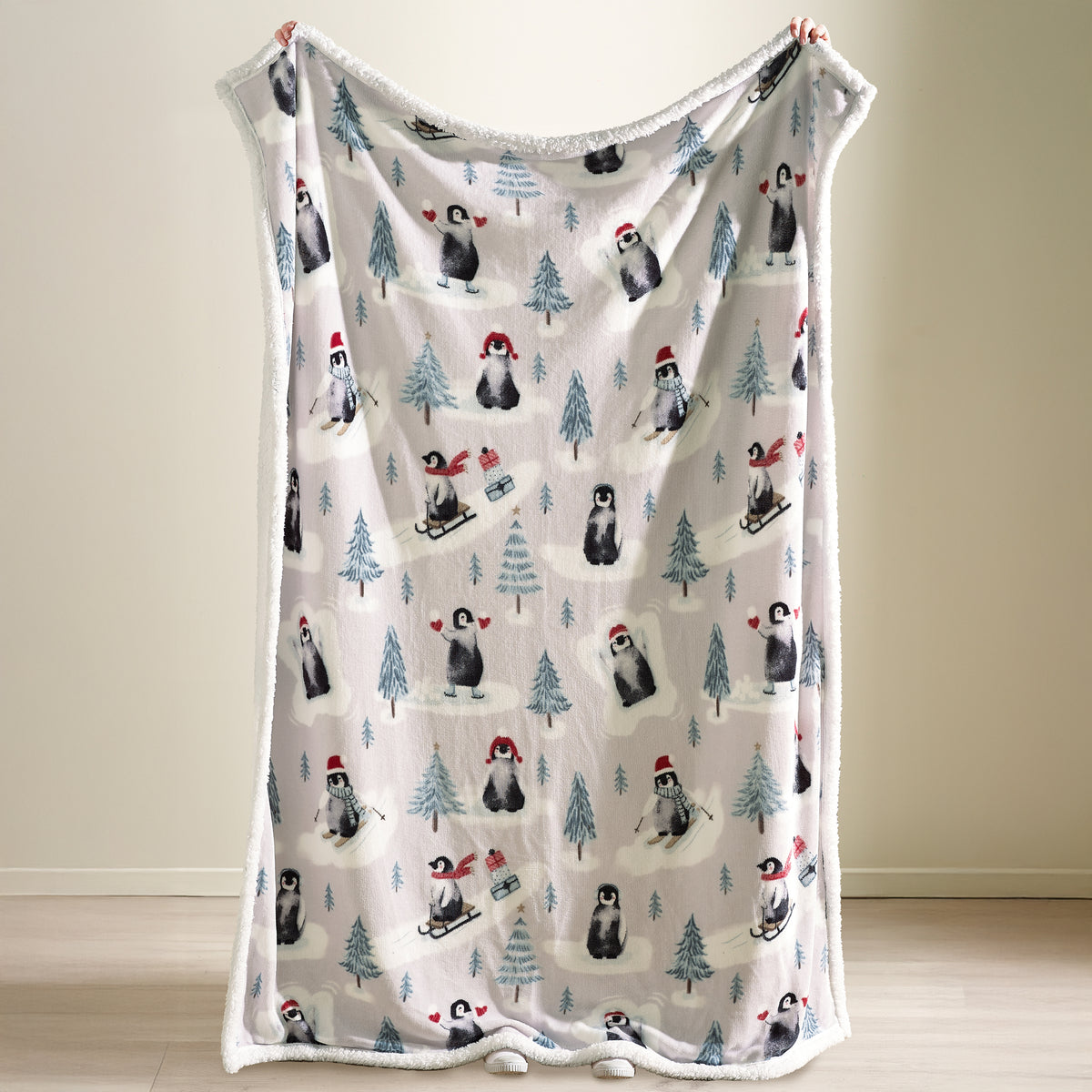 Catherine Lansfield Christmas Sherpa Penguins Throw Natural