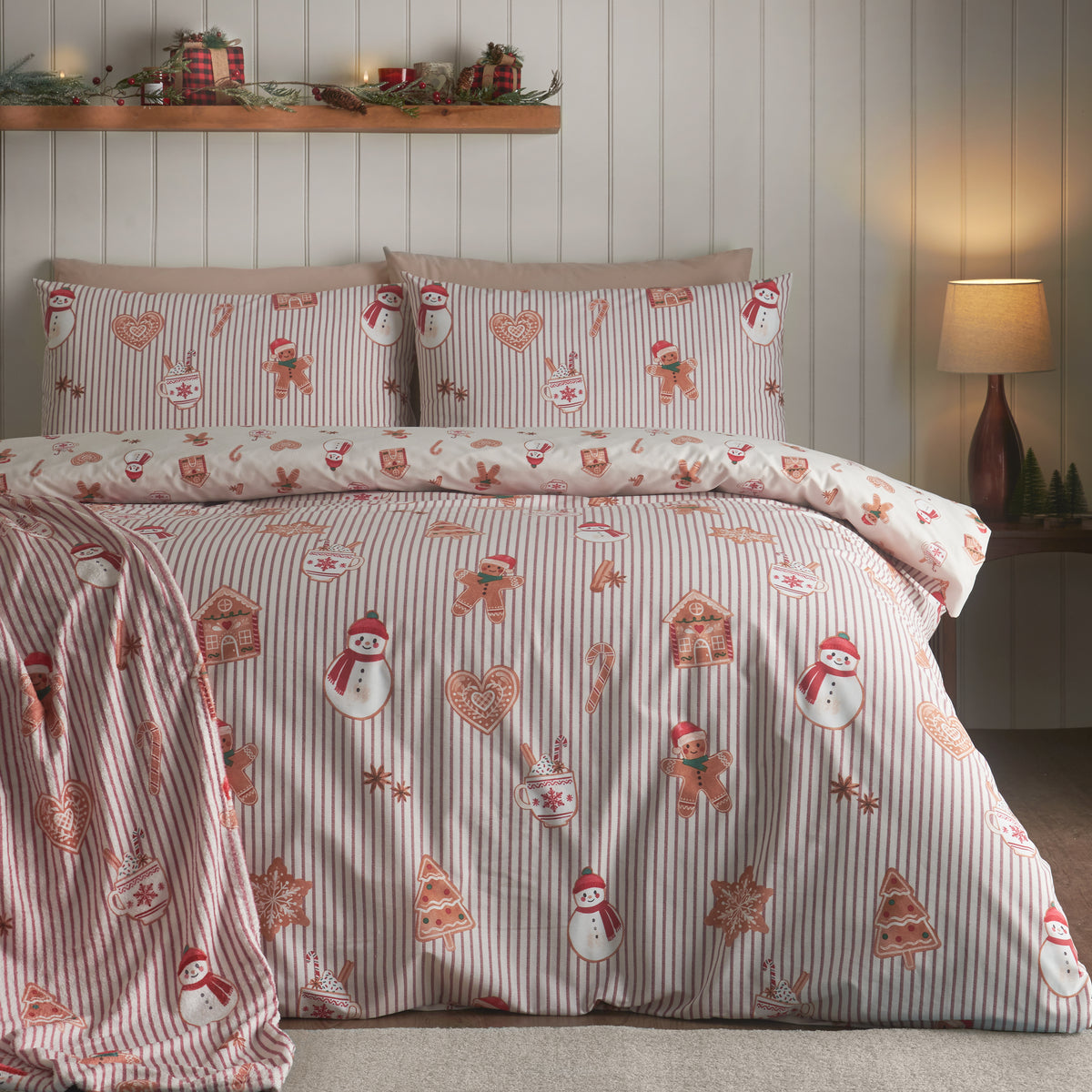 Catherine Lansfield Christmas Gingerbread Stripe Duvet Cover Bedding Set Natural