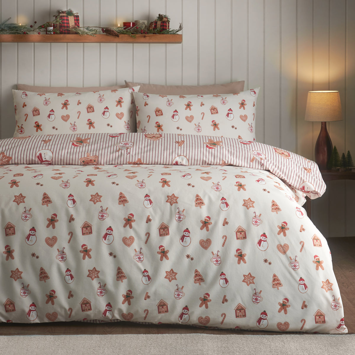 Catherine Lansfield Christmas Gingerbread Stripe Duvet Cover Bedding Set Natural