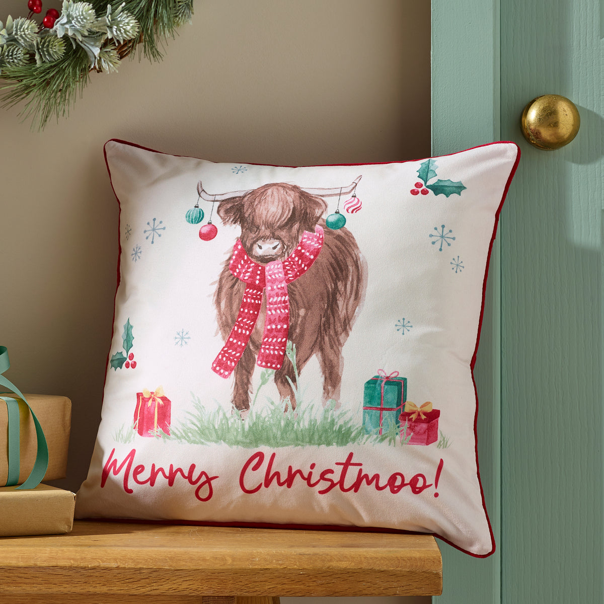 Catherine Lansfield Merry Christmoo 45cm x 45cm Filled Cushion Natural
